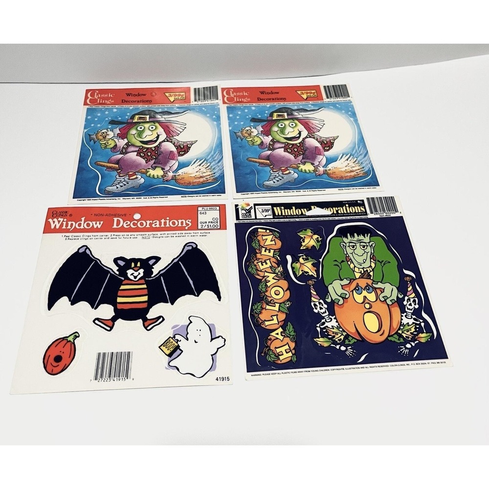 Vintage LOT OF 4 Halloween Window Decorations Reusable Static Color Clings 1995